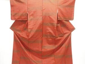 未使用品　格子織り出し米沢紬着物・道行コートアンサンブル